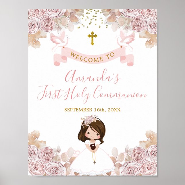 Boho Rosa Blommigt Girl First Heliga Communion Väl Poster (Framsidan)
