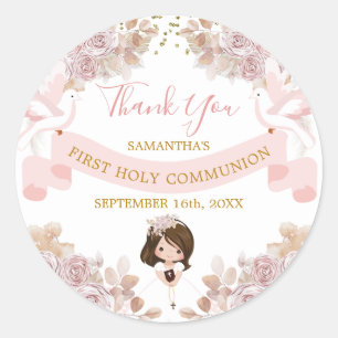 Boho Rosa Blommigt Girl Girl 1st Communion Tack Runt Klistermärke