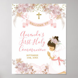 Boho Rosa Blommigt Girl Girl First Heliga Communio Poster