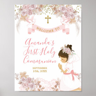 Boho Rosa Blommigt Girl Girl First Heliga Communio Poster