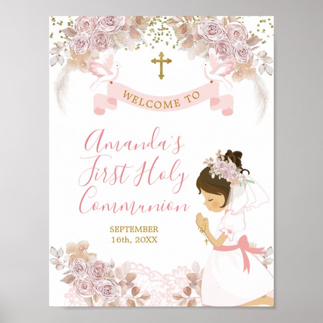 Boho Rosa Blommigt Girl Girl First Heliga Communio Poster (Framsidan)