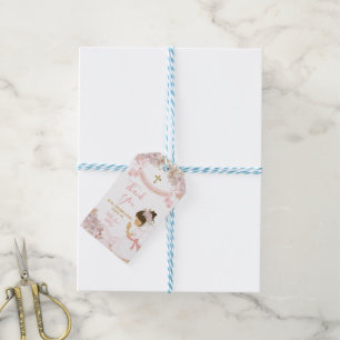 Boho Rosa Blommigt Girl Girl First Heliga Communio Presentetikett
