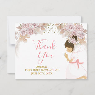 Boho Rosa Blommigt Girl Girl First Heliga Communio Tack Kort