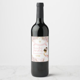 Boho Rosa Blommigt Girl Girl First Heliga Communio Vinflaska Etikett