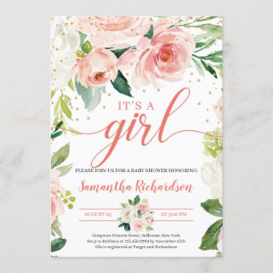 Boho  Rosa Blommigt Greenery Det är en flicka Baby Inbjudningar
