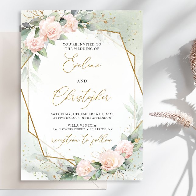 Boho  Rosa Blommigt Greenery Guld Ram Bröllop Inbjudningar (Watercolor delicate blush roses eucalyptus and gold frame wedding invitation digital)