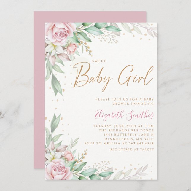 Boho  Rosa Blommigt Greeney Girl Baby Shower Inbjudningar (Fram/baksida)