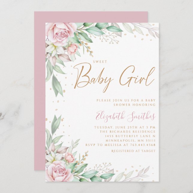 Boho  Rosa Blommigt Greeney Girl Baby Shower Inbjudningar (Fram/baksida)