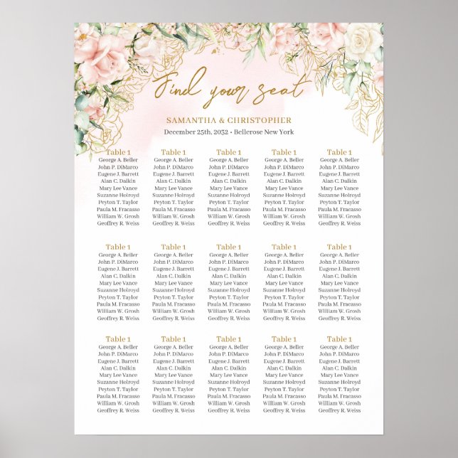 Boho  rosa blommigt guld 15 bord sittplats poster (Framsidan)