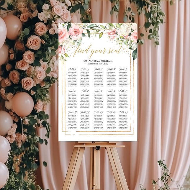 Boho  rosa blommigt guld bröllop poster (Boho blush pink floral gold wedding seating chart)