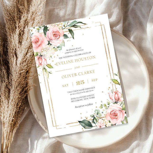 Boho  rosa blommigt guld geometrisk chic bröllop inbjudningar (Boho blush pink floral gold geometric chic wedding invitation)