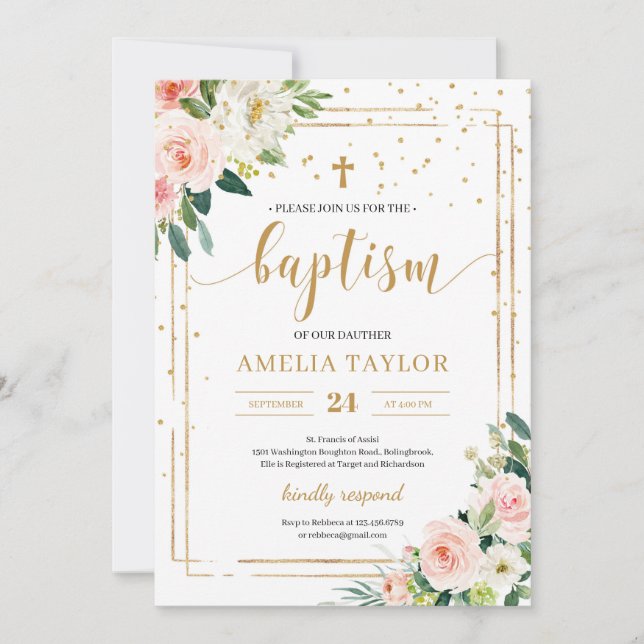 Boho  rosa blommigt guld glitter baptism inbjudningar (Framsida)