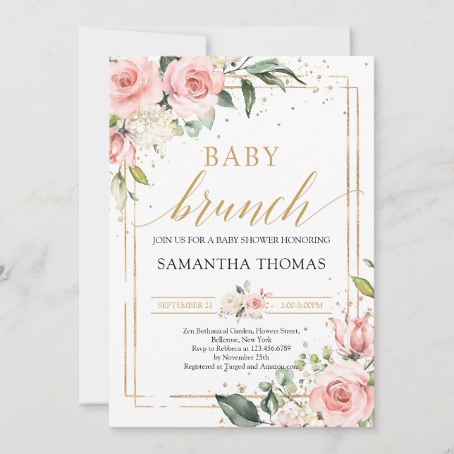 Boho  rosa blommigt guld glitter brunch baby inbjudningar (Framsida)