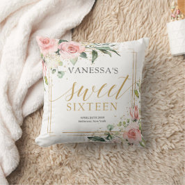 Boho  rosa blommigt guld glitter sweet sixteen kudde