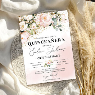 Boho rosa blommigt guld löv quinceanera inbjudningar