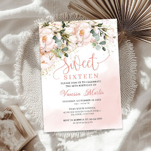 Boho rosa blommigt guld löv sweet sixteen inbjudningar