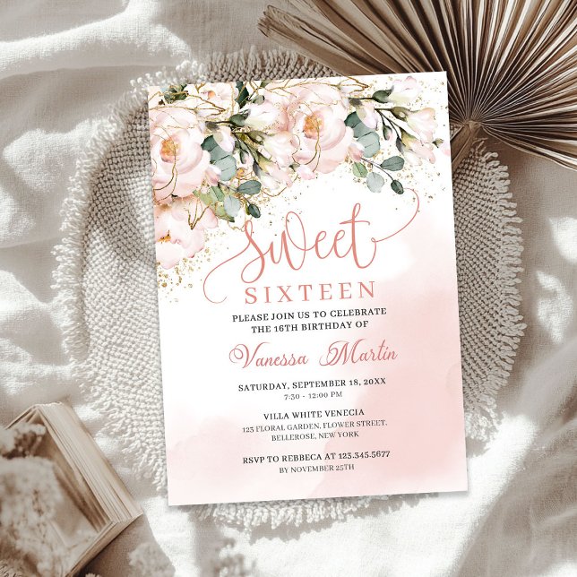 Boho  rosa blommigt guld löv sweet sixteen inbjudningar (Boho blush pink floral gold leaves sweet sixteen invitation)