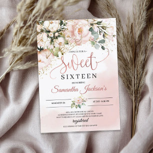 Boho  rosa blommigt guld löv sweet sixteen inbjudningar