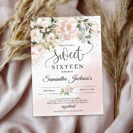Boho rosa blommigt guld löv sweet sixteen inbjudningar