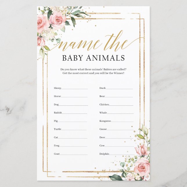 Boho  rosa blommigt guld namn, baby djur (Framsida)
