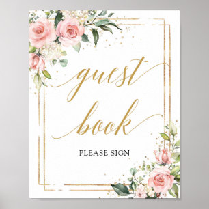 Boho rosa blommigt guld ram gästskylt bok poster