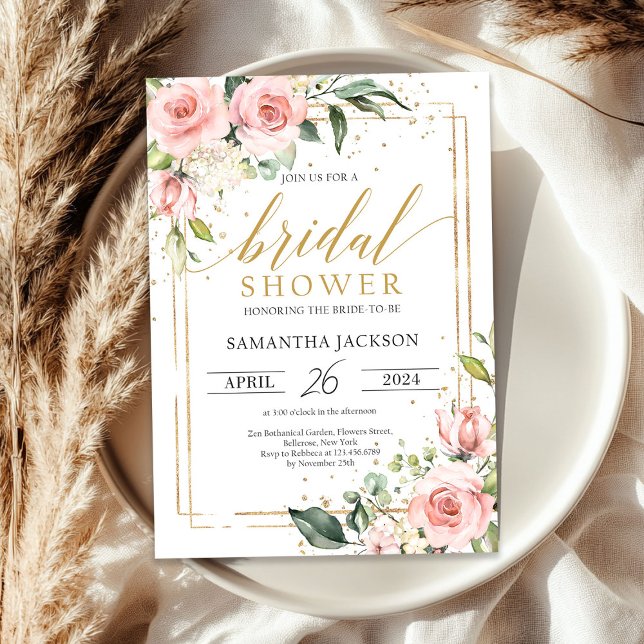 Boho  rosa blommigt guld ram möhippa inbjudningar (Boho blush pink floral gold frame bridal shower invitation)