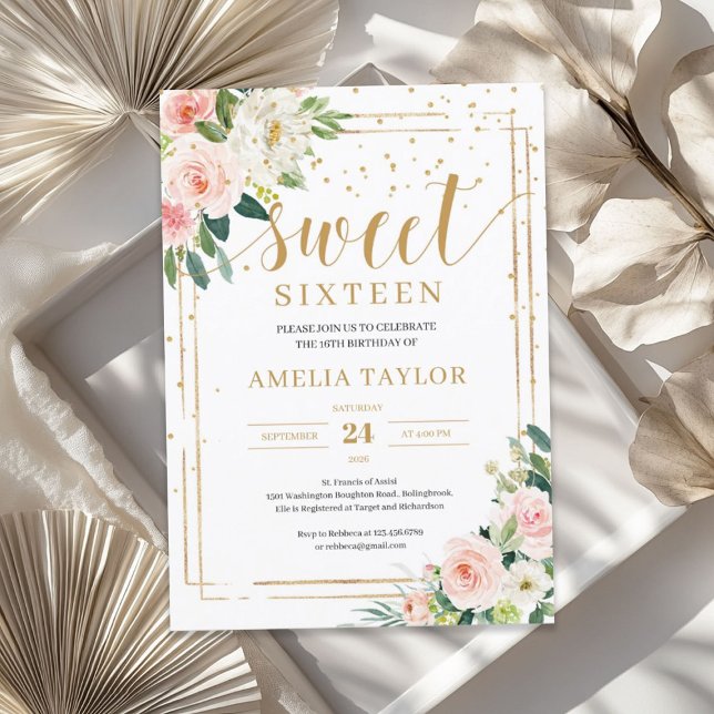 Boho  rosa blommigt guld ram sweet sixteen inbjudningar (Boho blush pink floral gold frame sweet sixteen invitation)