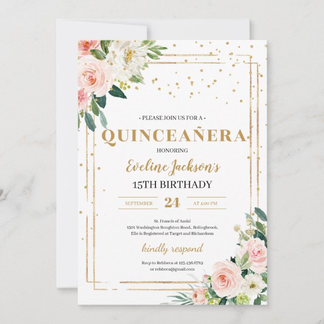 Boho  rosa blommigt guld sparkles quinceanera inbjudningar (Framsida)