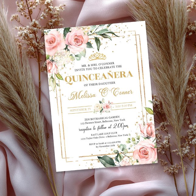 Boho  rosa blommigt guld tiara quinceanera inbjudningar (Boho Blush pink floral gold tiara quinceanera Invitation)