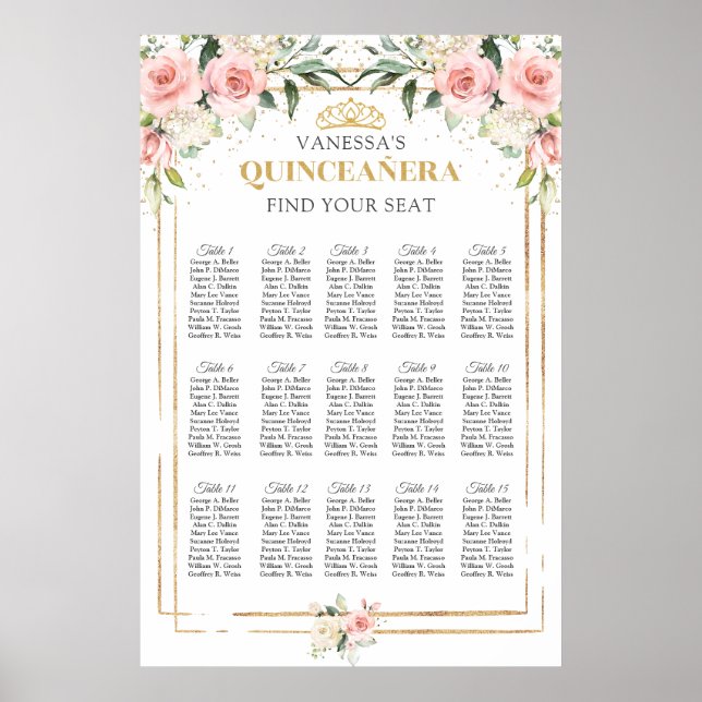 Boho  rosa blommigt guld tiara Quinceanera Poster (Framsidan)