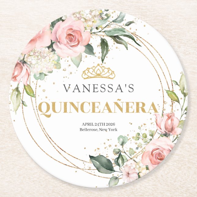 Boho  rosa blommigt guld tiara sage Quinceanera Underlägg Papper Rund (Framsidan)