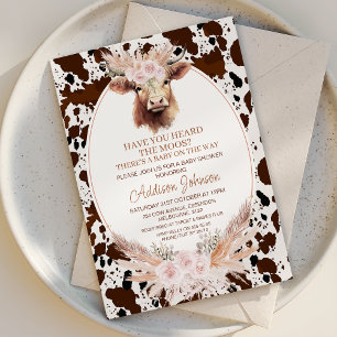 Boho Rosa Blommigt Highland Cow Cowhide Baby Showe Inbjudningar