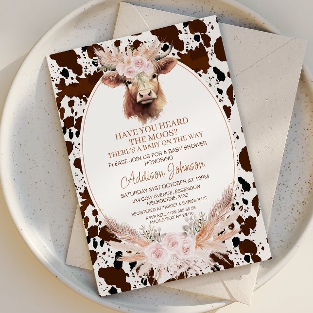 Boho Rosa Blommigt Highland Cow Cowhide Baby Showe Inbjudningar (Holy Cow baby Shower Invitation Template, Boho Pink Floral Holy Cow Baby Shower Invitation, Highland)