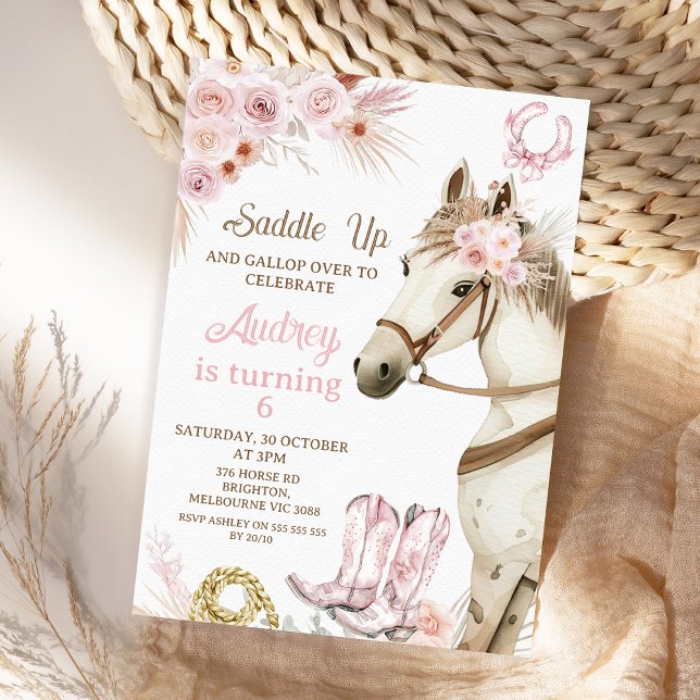 Boho Rosa Blommigt Horse Saddle uppåt födelsedag Inbjudningar (Boho Floral Horse Birthday Invitation Template For Girl, Horse Birthday Invitations, Saddle Up
)