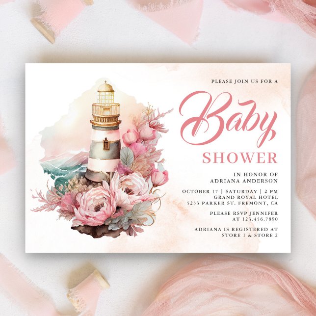 Boho Rosa Blommigt Lighthouse Nautical Baby Shower Inbjudningar (Skapare uppladdad)