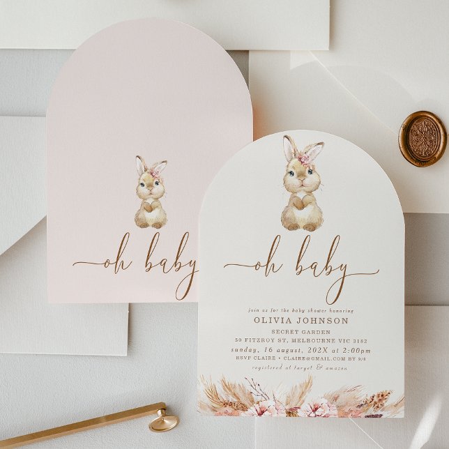 Boho Rosa Blommigt Little Bunny Baby Shower Inbjudningar (Girls Little Bunny Baby Shower Invitation, Boho Bunny Baby Shower Invitation, Rabbit Baby Shower)