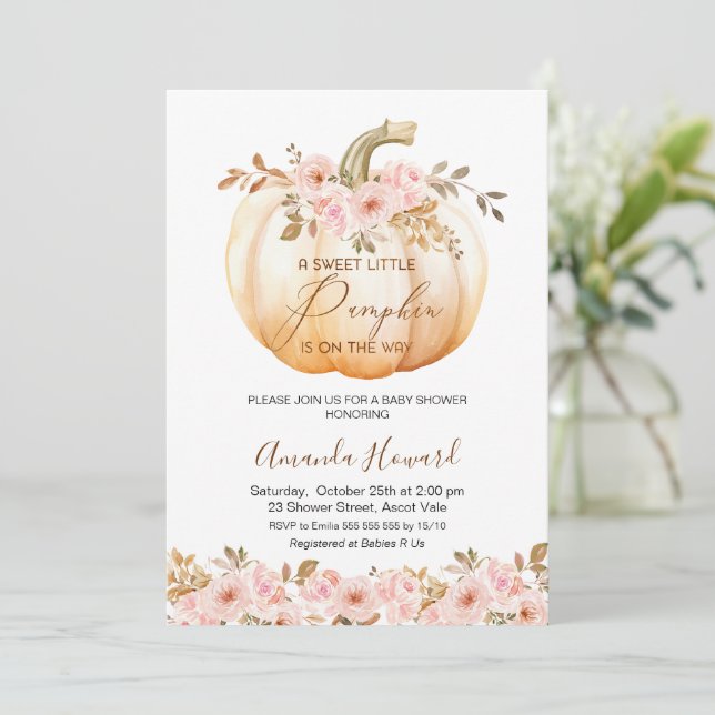 Boho Rosa Blommigt Little Pumpkin Baby Shower Inbjudningar (Stående Fram)
