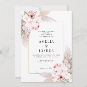 Boho Rosa Blommigt med Guld Ram Bröllop Inbjudningar