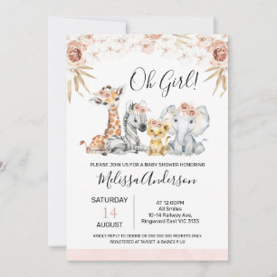 Boho Rosa Blommigt med Handflatan Löv Safari Baby Inbjudningar