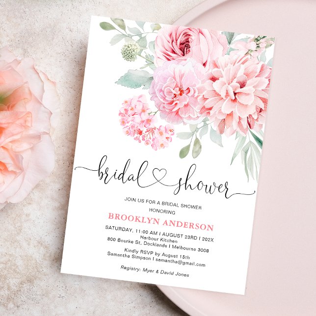 Boho Rosa Blommigt Möhippa Inbjudningar (Pink Floral Bridal Shower Invitation Template, Hot Pink Floral Bridal Shower, Heart, Calligraphy)