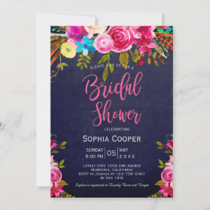 Boho Rosa Blommigt Navy Chalkboard Möhippa Inbjudningar