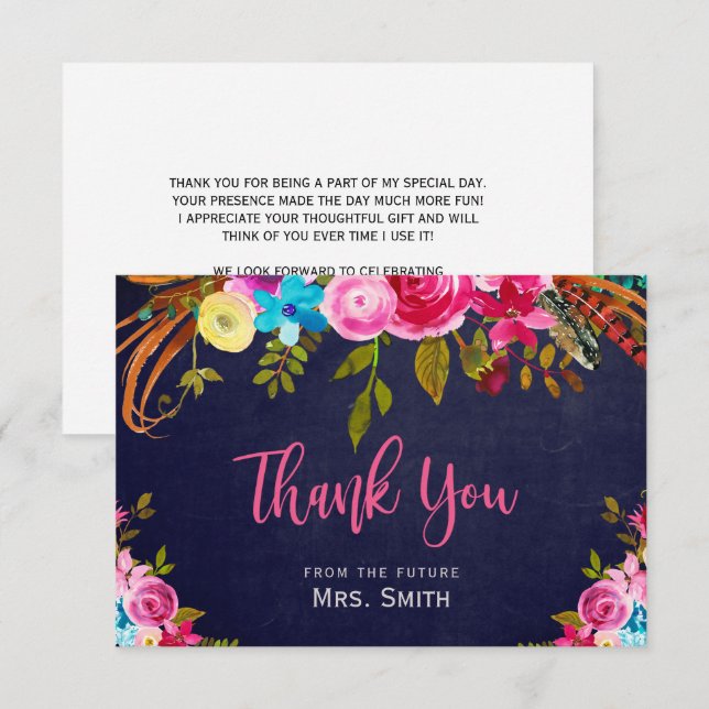 Boho Rosa Blommigt Navy-Möhippa Tack-kort Tack Kort (Fram/baksida)