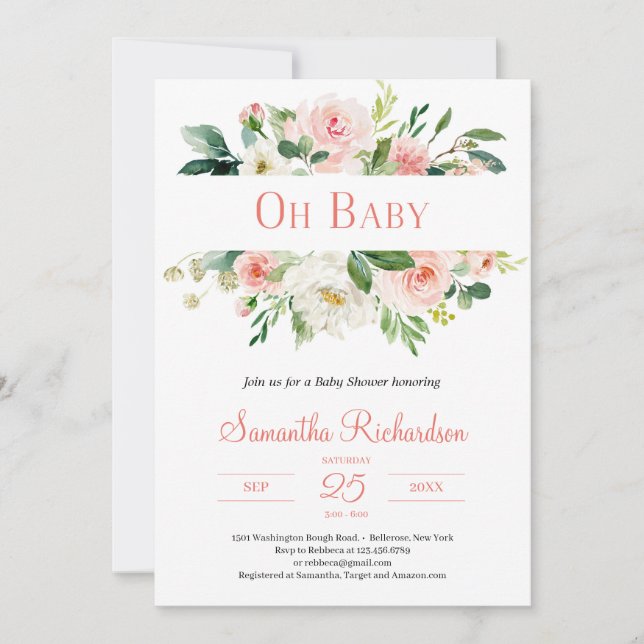 Boho  Rosa Blommigt och Greenery Modern Baby Inbjudningar (Framsida)