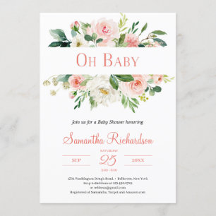 Boho Rosa Blommigt och Greenery Modern Baby Inbjudningar