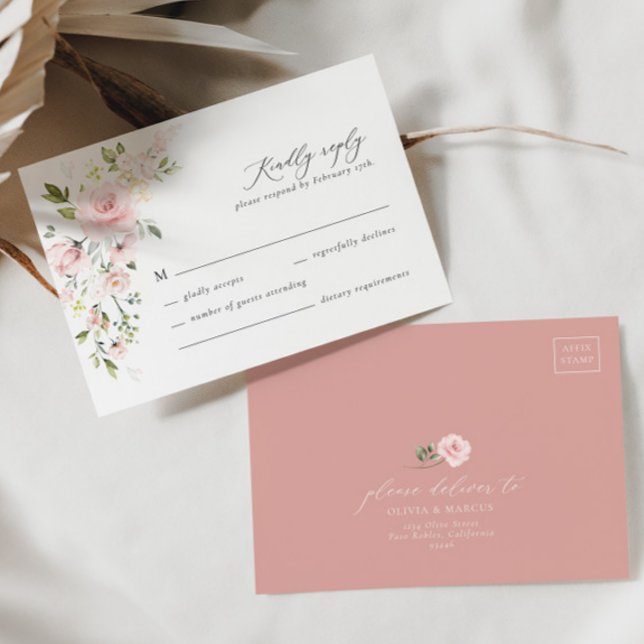 Boho Rosa Blommigt Olive Elegant bröllop OSA kort (RSVP Card Front/Back)