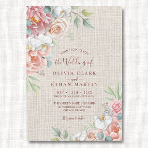 Boho Rosa Blommigt på Rustic Burlap Bröllop Inbjudningar