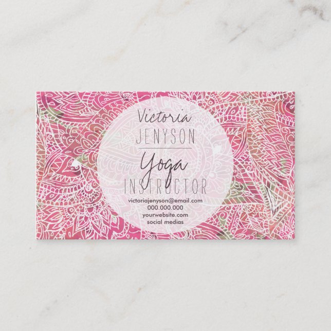Boho rosa blommigt paisley yoga instruktör visitkort (Framsida)