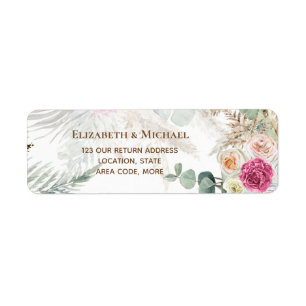 BOHO Rosa Blommigt Pampas Bröllop Returadress Etikett