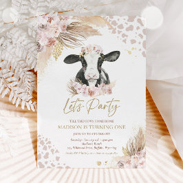 Boho Rosa Blommigt Pampas Grass Cow Födelsedagsfes Inbjudningar