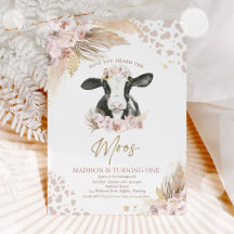 Boho Rosa Blommigt Pampas Grass Cow Födelsedagsfes